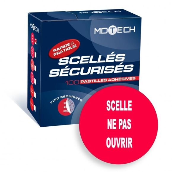 Pastille adhésive sécurisée - SCELLÉ NE PAS OUVRIR - Rouge - boîte dévidoir de 100
